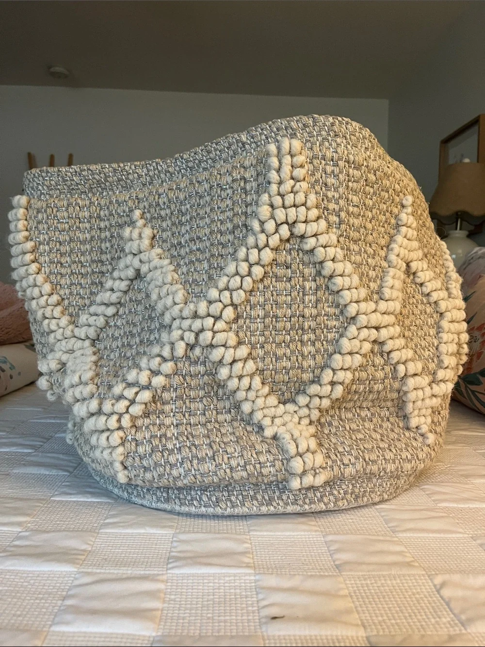 Pottery Barn Kids Cream Textured Knit Pouf with Diamond Bobble Detail